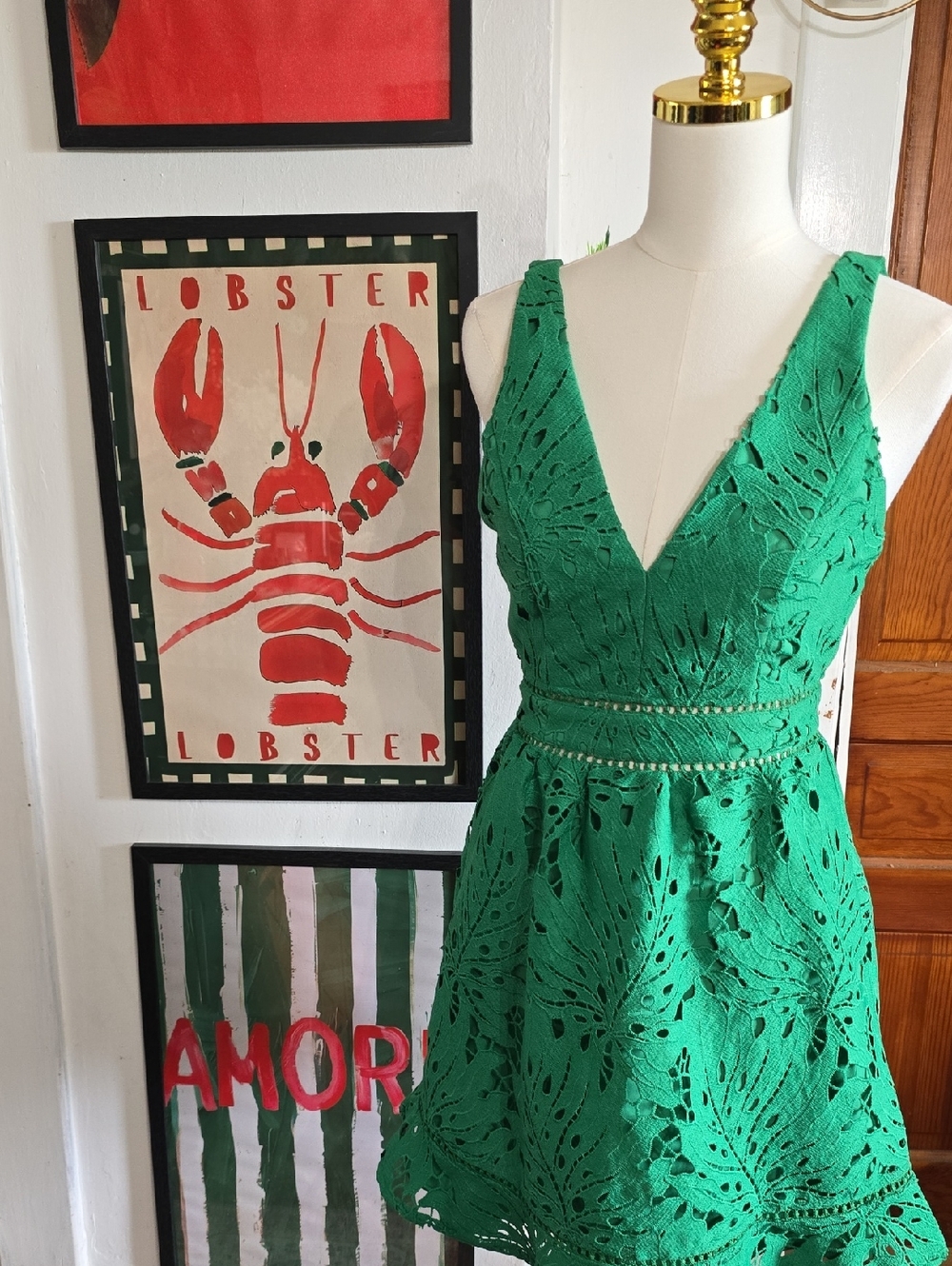 Bright Green Crochet-Trim V-Neck Dress Minuet Nwt Small